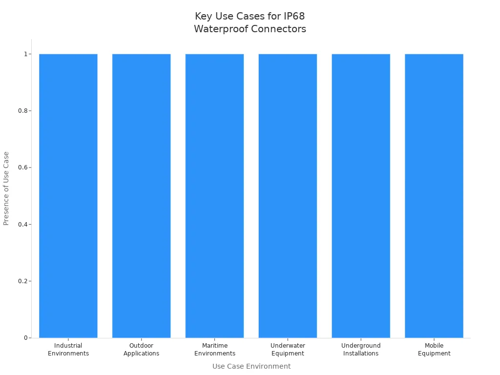 Bar chart showing six essential environments where IP68 waterproof connectors are used in underground and submerged installations